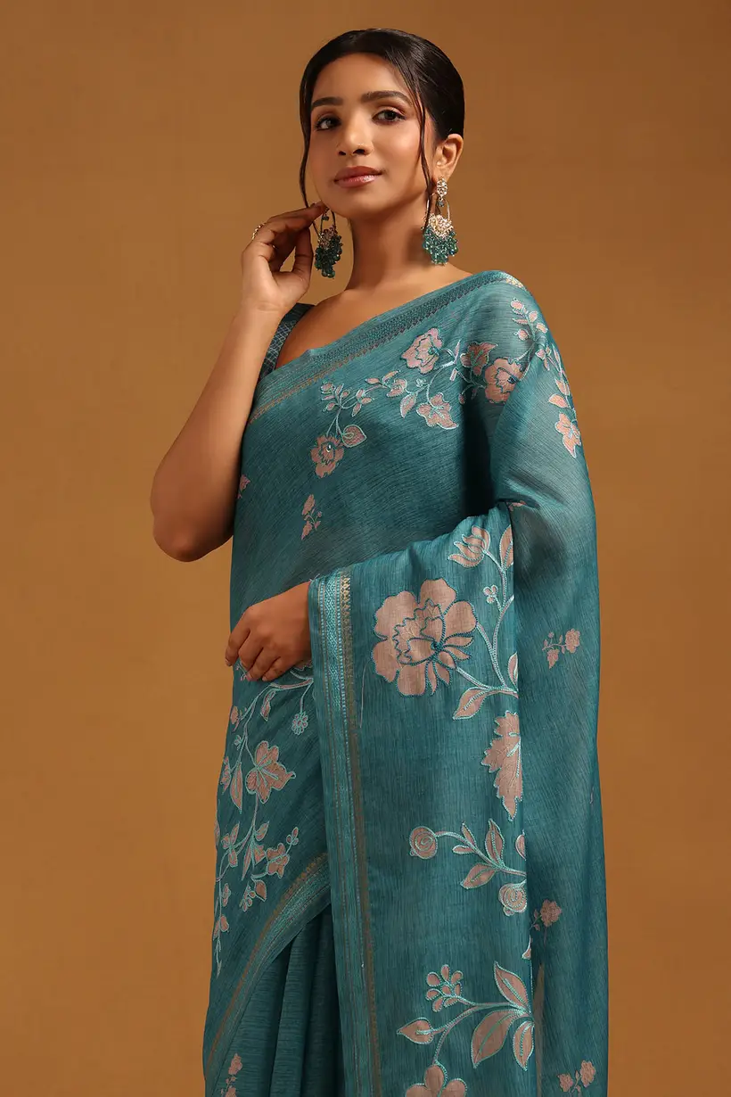 Turquoise Blue Poly Silk Floral Saree